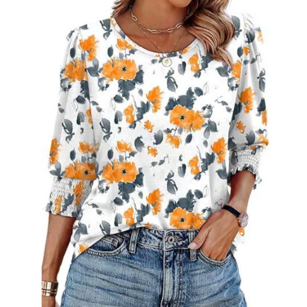 Women's Clothing, Spring, Loose, Casual, Printed, Seven Quarter Sleeves, Round Neck, T-shirt, Top