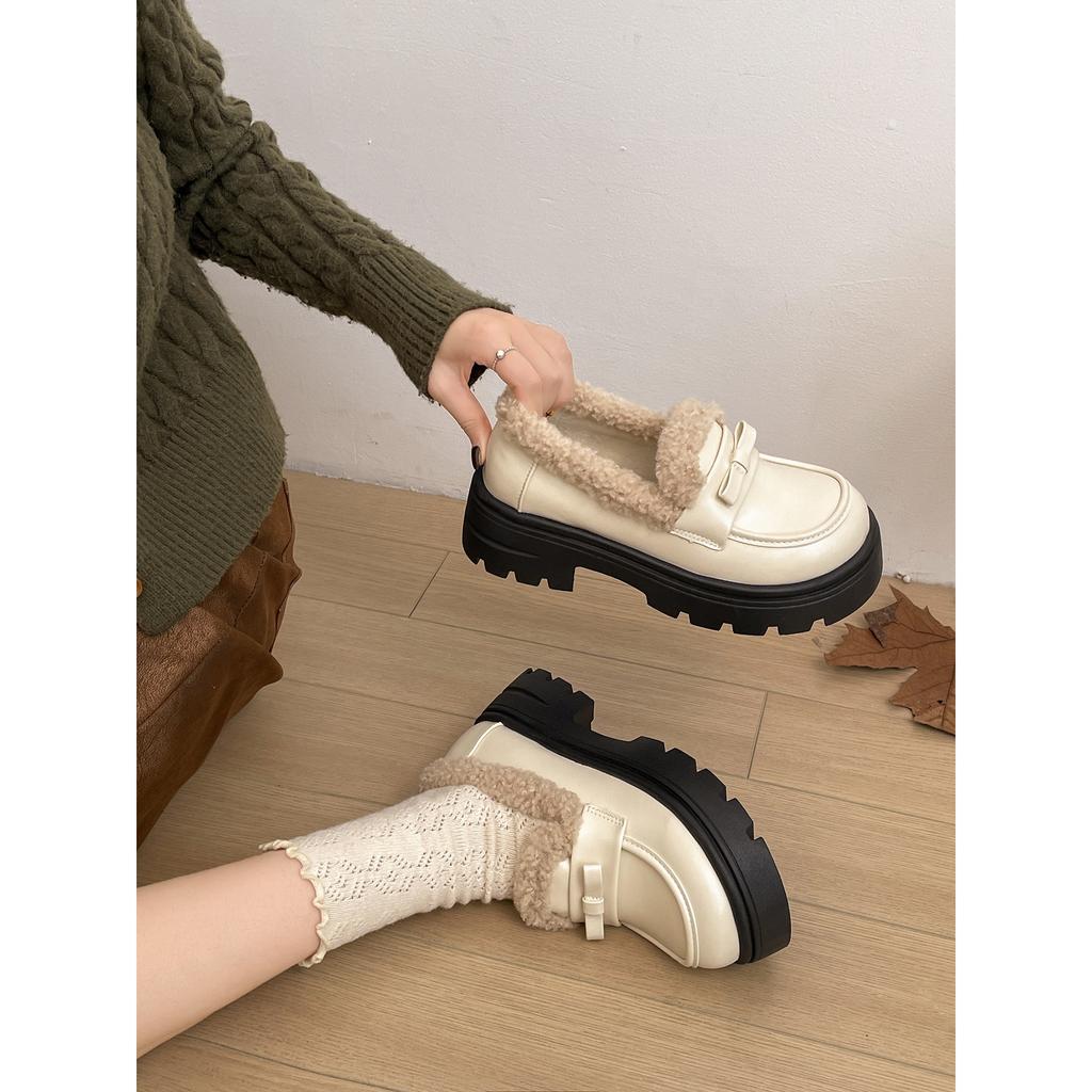 Black retro thick-heeled thick-soled small leather shoes, women's autumn and winter heightening, piled and thickened warm cotton shoes
