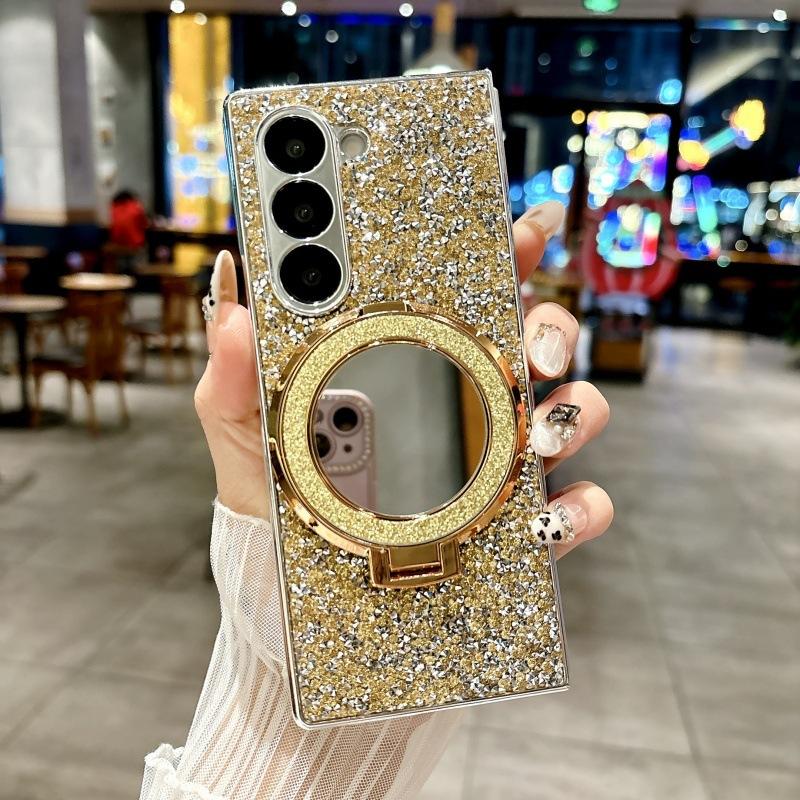 Applicable to Samsung Zfold7 mobile phone case folding screen Galaxy z fold5 protective case makeup mirror holder glitter