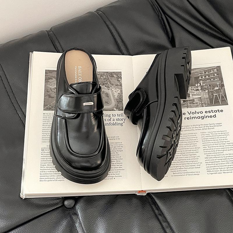 Ji Xiao leather shoes casual Velcro women's imitation leather retro one-pedal platform slippers tide