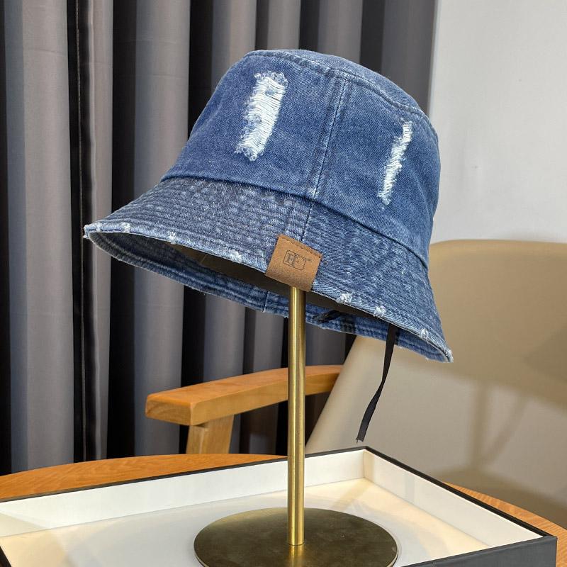 Retro washed denim bucket hat women's spring summer new broken hole old street trend basin hat