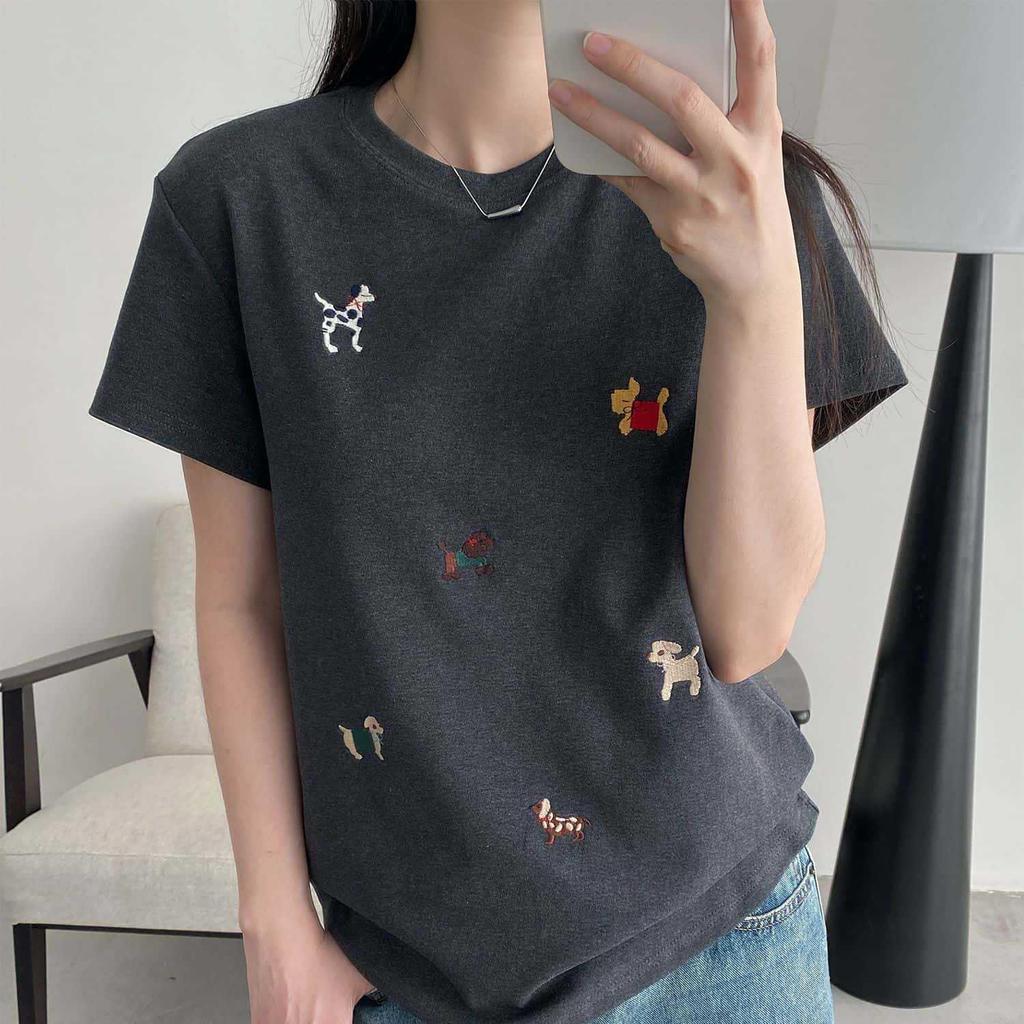 Women's Summer Slimming Round Neck Puppy Embroidery T-Shirt