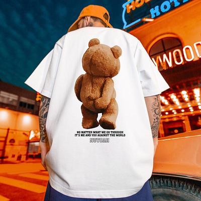 Retro Hip Pop Fun Bear Quality Printed Short-sleeved T-shirt Men's INS Trend Oversized Fashion Sports T-shirt