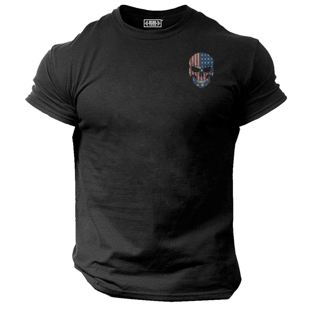 American Skull T Shirt Pocket Gym Clothing Bodybuilding Training Workout MMA Top