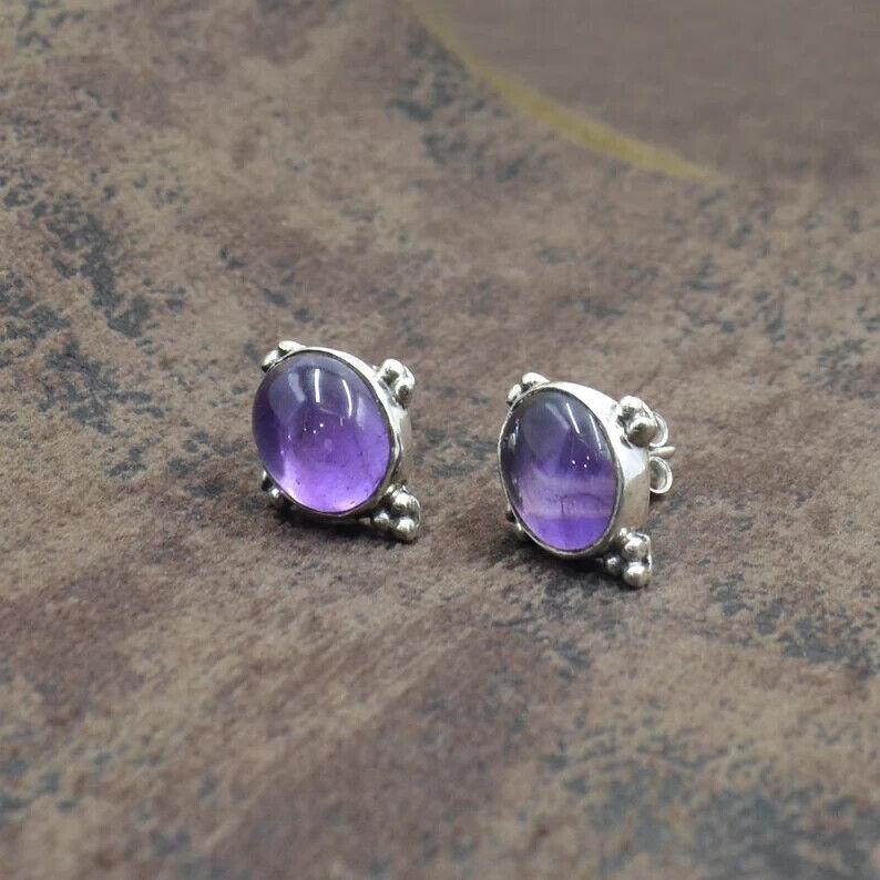 925 Sterling Silver, Purple Amethyst Oval Studs, Natural Amethyst Post Earrings