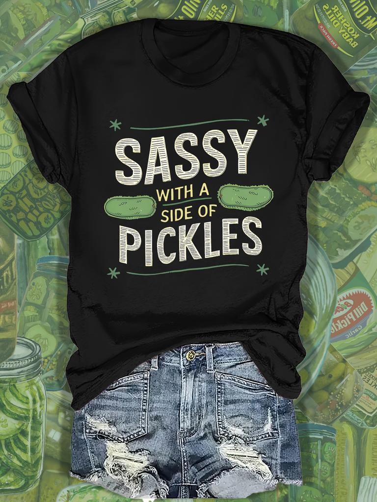 Playful Pickled Cucumber Print T-Shirt | Short Sleeve Crew Neck Casual Top for Women, Spring & Summer, Regular Length