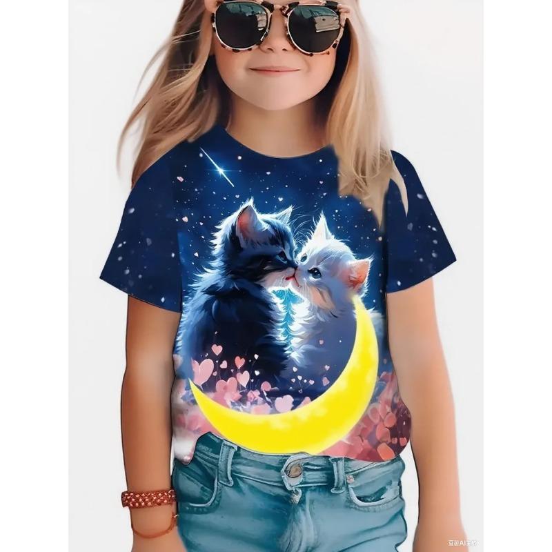 Summer Round Neck 3D Cat Printed Top Fashionable Casual Short Sleeved Children's Girl T-shirts