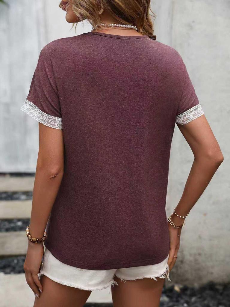 Spring/Summer 2026 Women's Round Neck Lace Patchwork Short Sleeve T-shirt