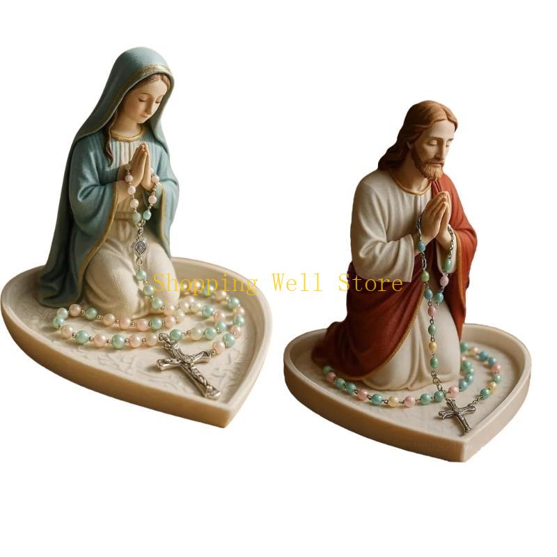 KX4B Holy Mother Father Statue Prayer Tray Resins Religious Decors Rosary Beads Jewelry Box For Home Church Or Gift Giving