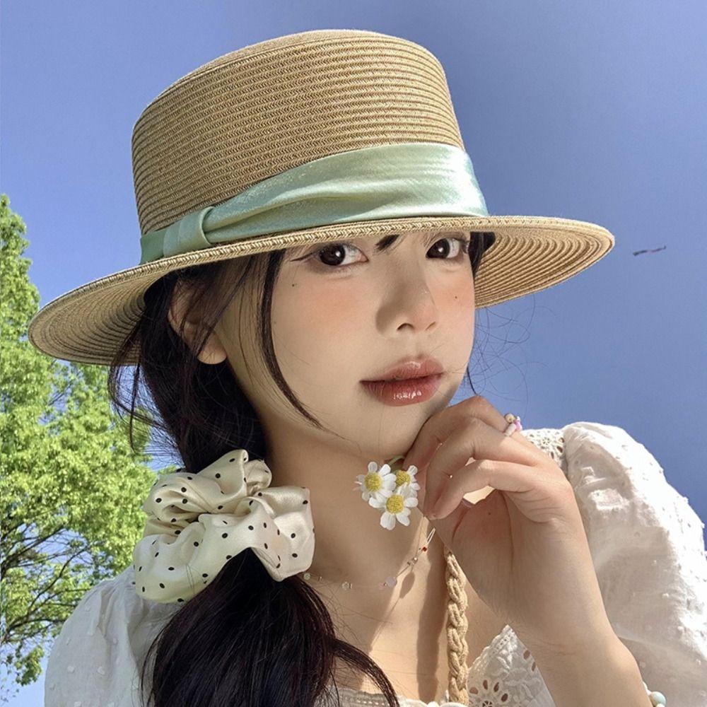 Breathable Beach Flat Top Hat French Style Women's Sun Hat Retro Straw Woven Hat Outdoor