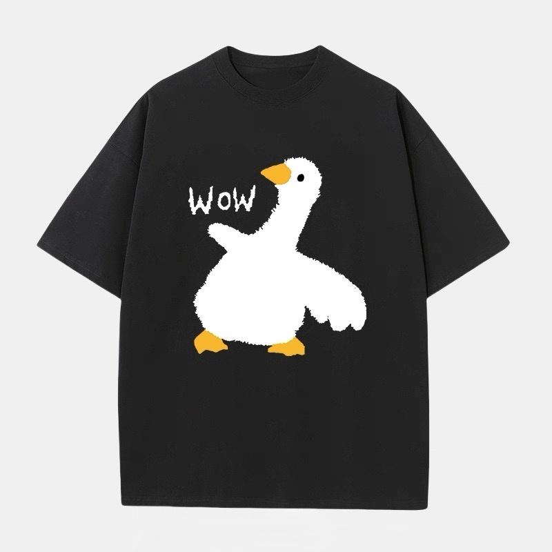ZAZOMDE 2026 New Retro Doodle Animal T Shirt Fluffy White Goose with Wow Slogan Graphic Print Casual Hip Hop Oversized Tops