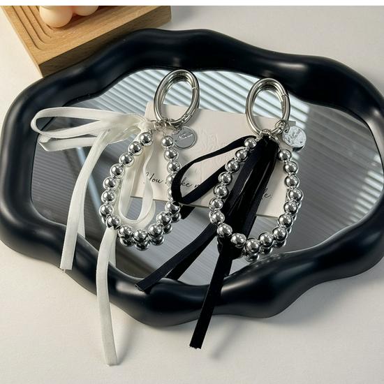 Korean-Style Bow Car Keychain with High-End Silver Bead Ribbon Pendant