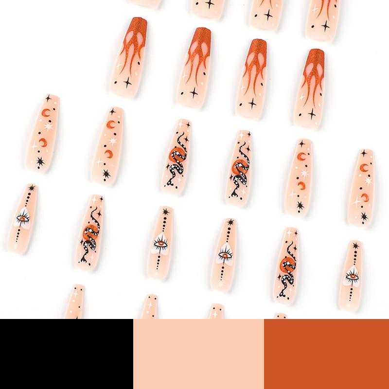 Matte Glitter Flame, Snake, Star & Moon Pattern Press-On False Nails