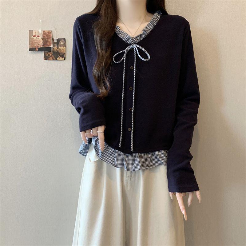 

Plus Size Velvet Ruffled V-Neck Long-Sleeve Faux Two-Piece Slimming Top for Women 2XL [Recommended 141-160 lbs] темно-синього кольору