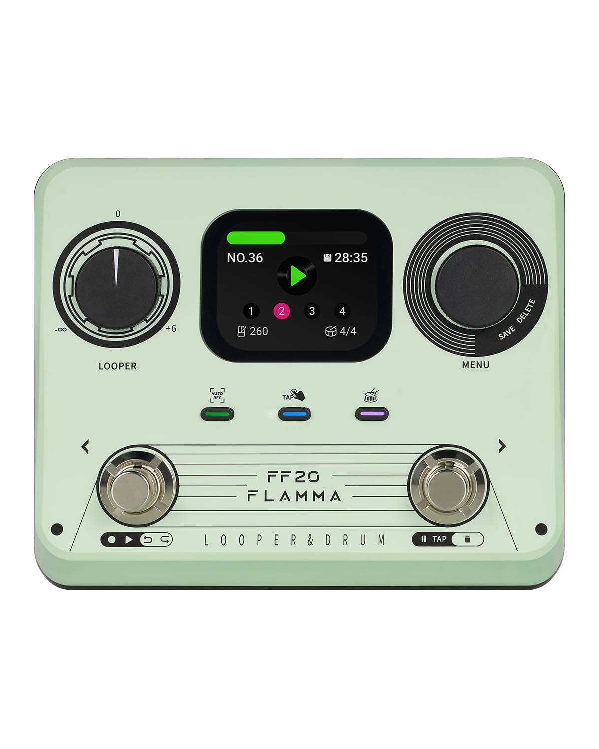 

FLAMMA FF20 Педаль лупер Драм-машина с 300 минутами записи 220 барабанных партий 100 Время зацикливания Авто USB Выход для наушников для гитары и баса Экран, Время,