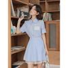 Summer College Sweet Sea Salt Blue and White Grid Temperament Lace Shirt Bust Pleated Skirt Two-piece Set