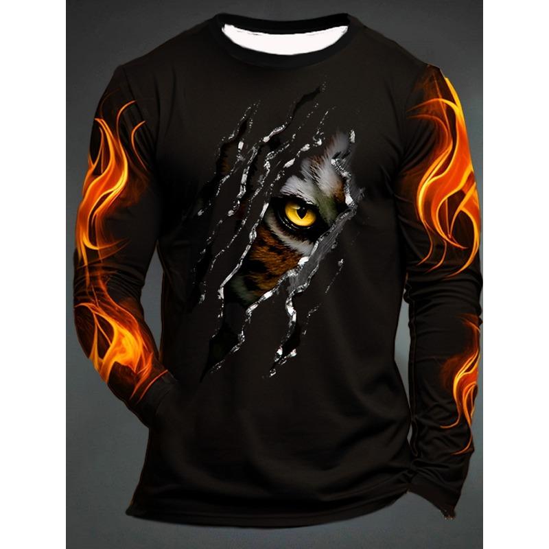 3D Printed Flame Scratch Pattern 3D Printed Autumn Men's Crew Neck T-Shirt Casual Long Sleeve Oversized Pullover Fashion Tops