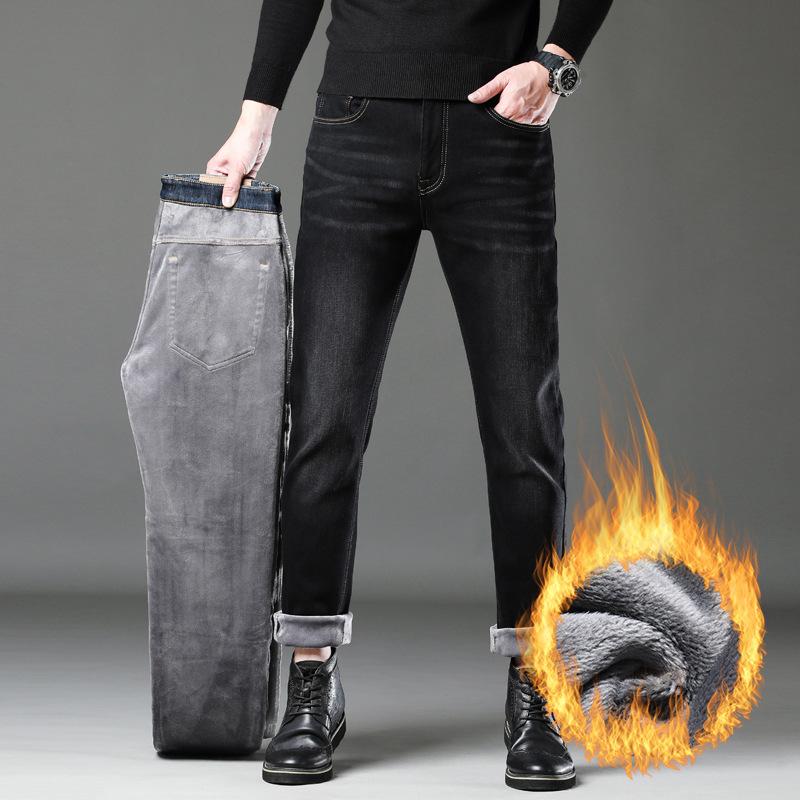 

Мужские облегающие прямые эластичные брюки с добавлением флиса и толстой структурой для осени и зимы, новые теплые длинные брюки 38