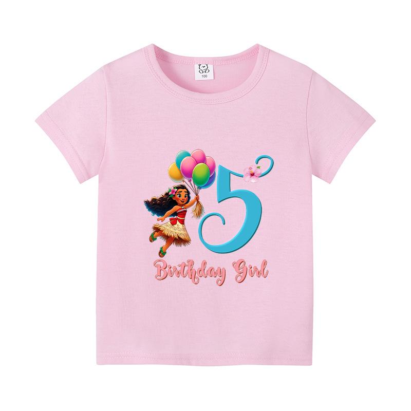 Moana 2 Cartoon Pattern Numbers Girls Cute T-shirts Kids Birthday Party Clothes 1-9 Print Child Tee Fashion Summer T Shirt Gifts