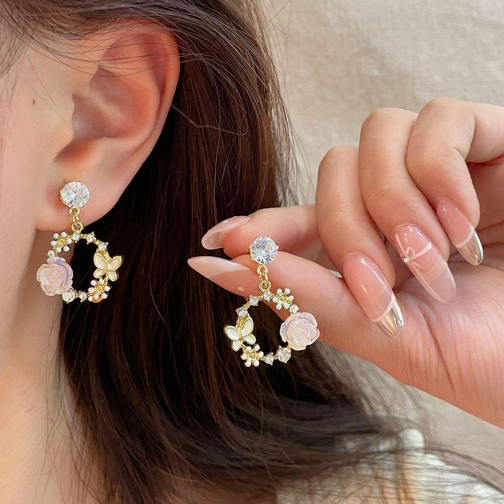 Exquisite Summer Cherry Blossom Pink Flower Earrings - Three-Dimensional, Light Luxury Design