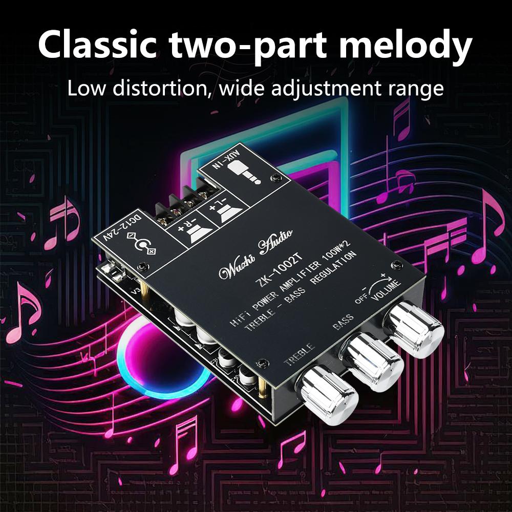 ZK-1002T Bluetooth 5.0 HIFI 2.0 Channel Power Audio Stereo Amplifier Board 2*100W Module TREBLE Bass Note Tuning AMP