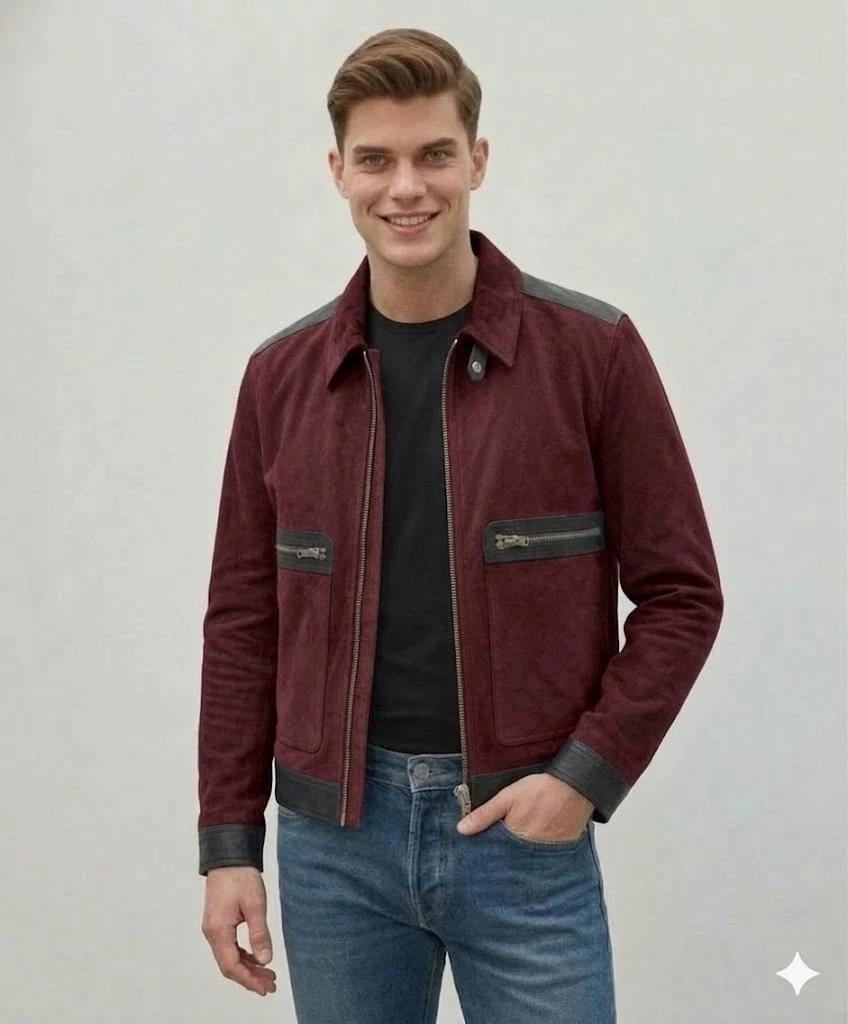 Stylish Men s Biker Handmade Suede Lambskin Leather Motorcycle Jacket Burgundy S