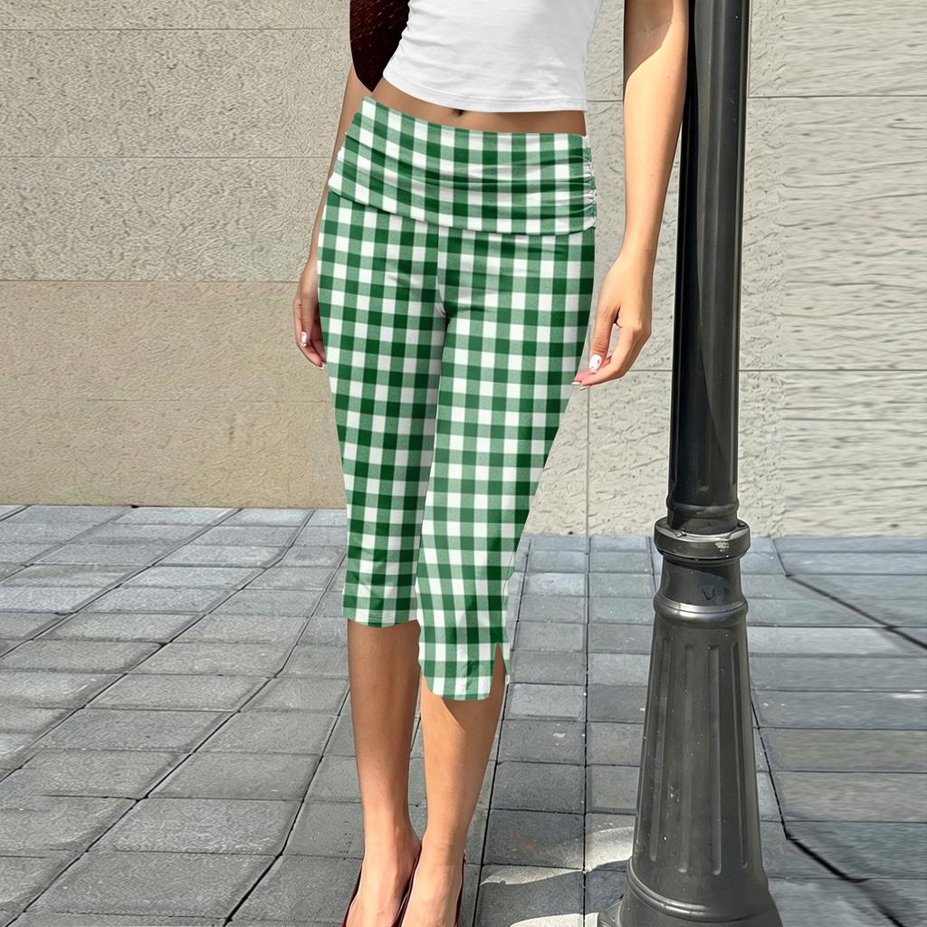 Women's Slim Fit Printed Cropped Pants Wrinkled Texture Stretch Waistband Casual Seven Quarter Length Trousers for Everyday Wear