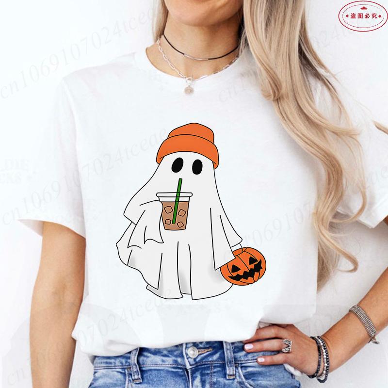 Halloween Boo with Pumpkin Print Womens TShirts Crew Neck TShirt Short Sleeve Casual Top for Spooky Season Womens Clothing