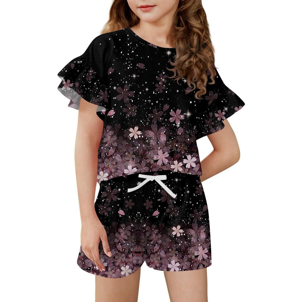 Girls' Summer Outfit Ruffle Sleeve Top And Shorts Clothing Set Lightweight Casual Two Piece