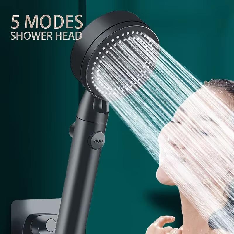 Five-mode high-pressure shower head, adjustable shower head with hose, water-saving, one-button nozzle stop.