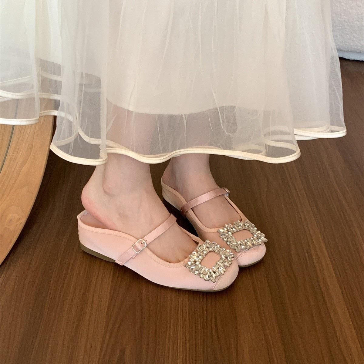 

Внутренняя увеличенная версия французских полутапочек Xiaoxiangfeng со стразами, женская летняя верхняя одежда, фея, толстые кексы, прохладные тапочки 40 розовый