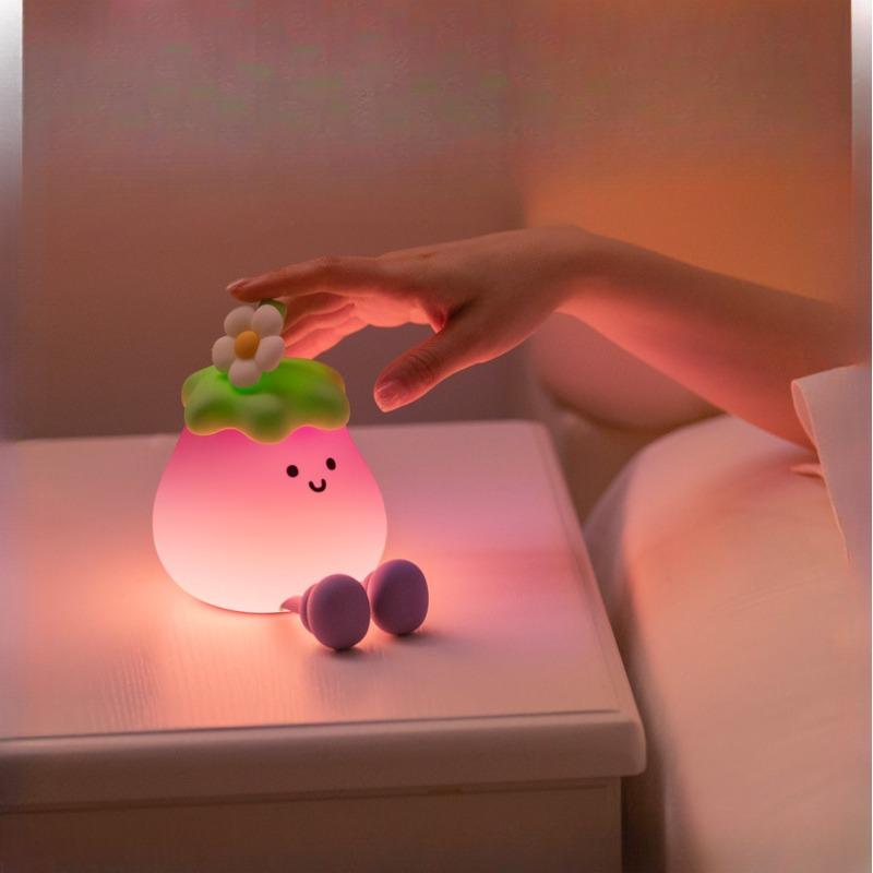 1Pc Cartoon Eggplant Night Light Bedroom Soft Light Eye Protection with Sleeping Atmosphere Silicone Light Three-speed Adjustment Delay Turn Off Light