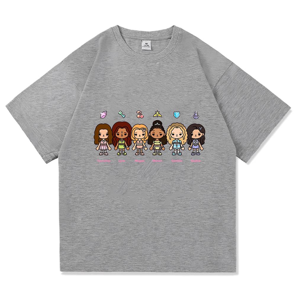 KATSEYE X Toca Boca T-Shirt Koreanische Mädchenband Cartoon-Druck T-Shirts Baumwolle Kurzarm Locker Damen-T-Shirts Unisex Streetwear