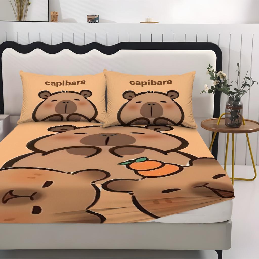 3PCs Cute Capybara Polyester Sheet Soft Digital Cartoon Print Fitted Sheet With 2 Pillowcases Birthday Gifts For Kids Bedroom