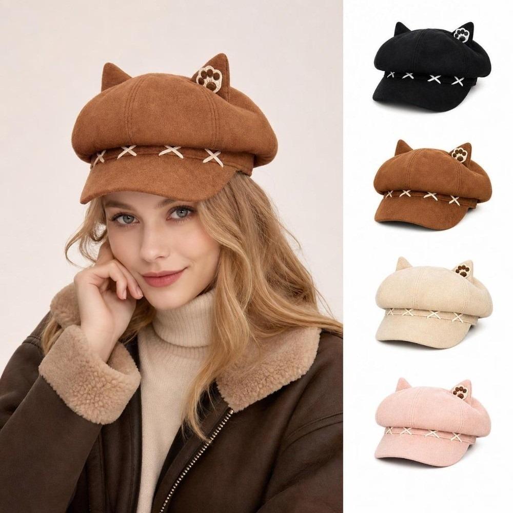 Cat Ear Winter Hat Warm Octagonal Hat Cute Beret Cap Women