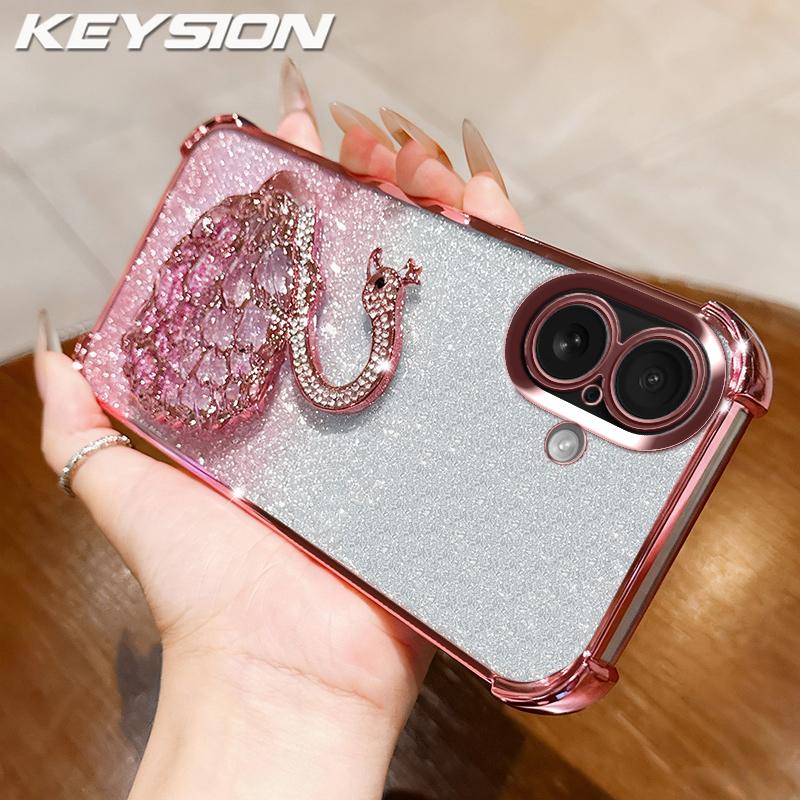 

KEYSION Противоударный чехол с гальваническим покрытием для iPhone 17 Pro Max Прозрачный ТПУ Блестящий Чехол-подставка в виде лебедя с драгоценностями Задняя крышка для iPhone 17 Air for iPhone 17 розовый