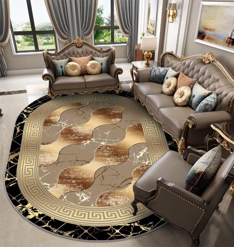 

European Style Golden Oval Carpet Living Room Luxury Home Decoration Sofa Rug 200x300cm Bedroom Soft Non-slip Floor Mat Washable 60x90cm