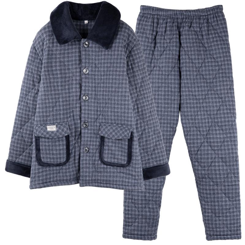 Pajamas Men'S Winter Three-Layer Thickened And Velvet Woven Pure Cotton Padded Autumn And Winter Mid-Dad Warm Loungewear