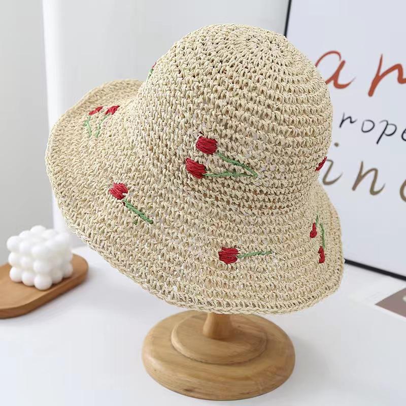 Summer hat cherry visor female hollow straw hat ultraviolet big brim face protection sun bucket hat beach