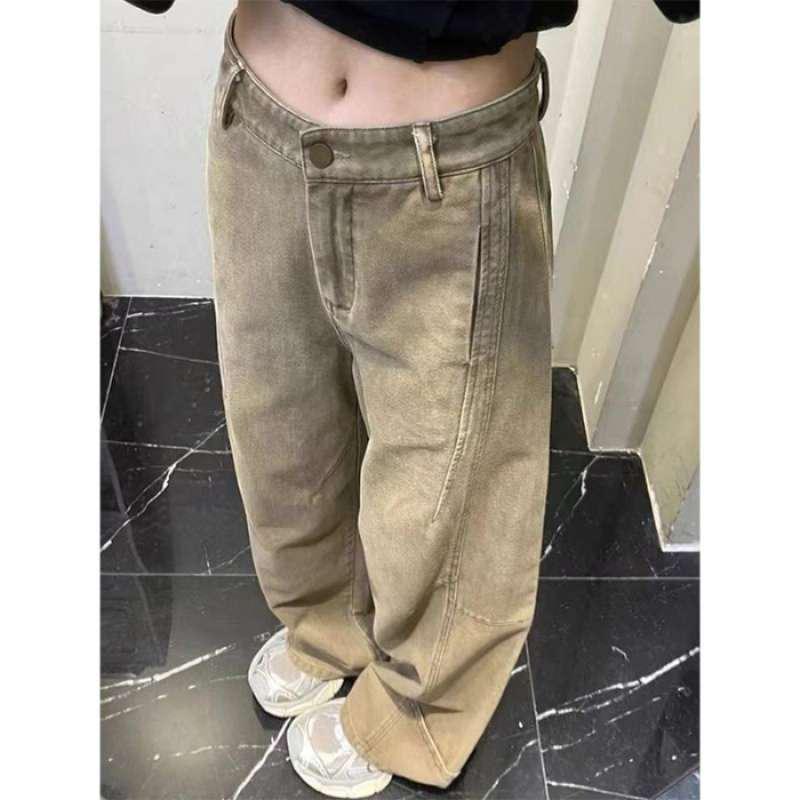 Женские широкие джинсы цвета хаки с высокой талией и пэчворком Medium хаки