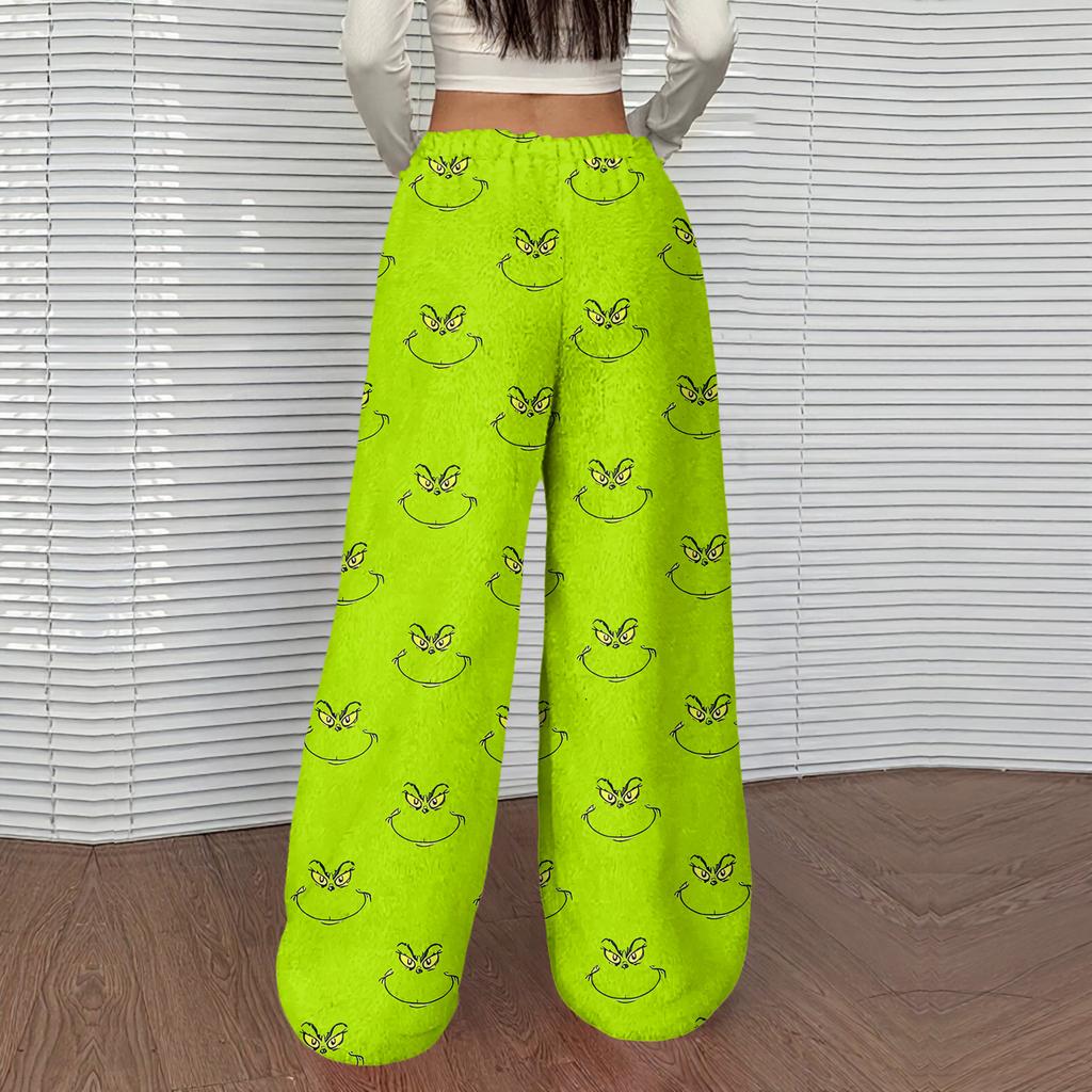 Women's Casual Christmas Print Elastic Waist Loose Fit With Plush Wide Leg Pants