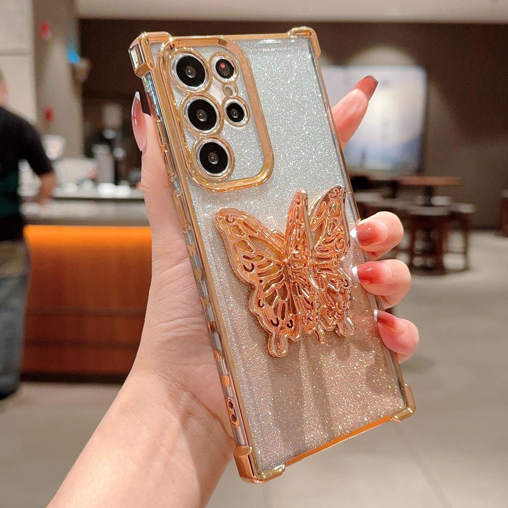 Applicable to Samsung S24Ultra mobile phone case electroplating anti-drop space case gradual change glitter paper butterfly bracket protective case