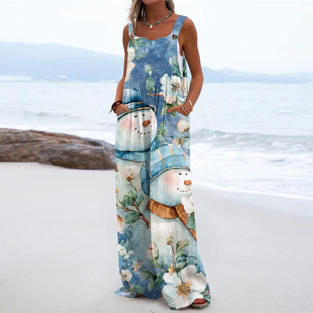 Women's Christmas Print Solid Wide Leg Strapless Tank Pocket Casual Onesie