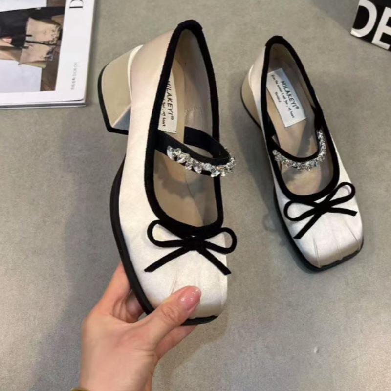 Fashion Coarse Heel Single Shoes Spring New Square Head Shallow Mouth Cloth Surface Butterfly Knot Set Foot High Heels