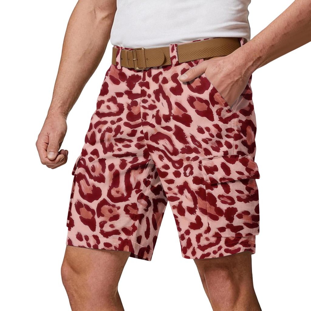 Men’s Casual Multi Pocket Cargo Shorts with Leopard Print Pattern Relaxed Fit Outdoor Athletic Shorts