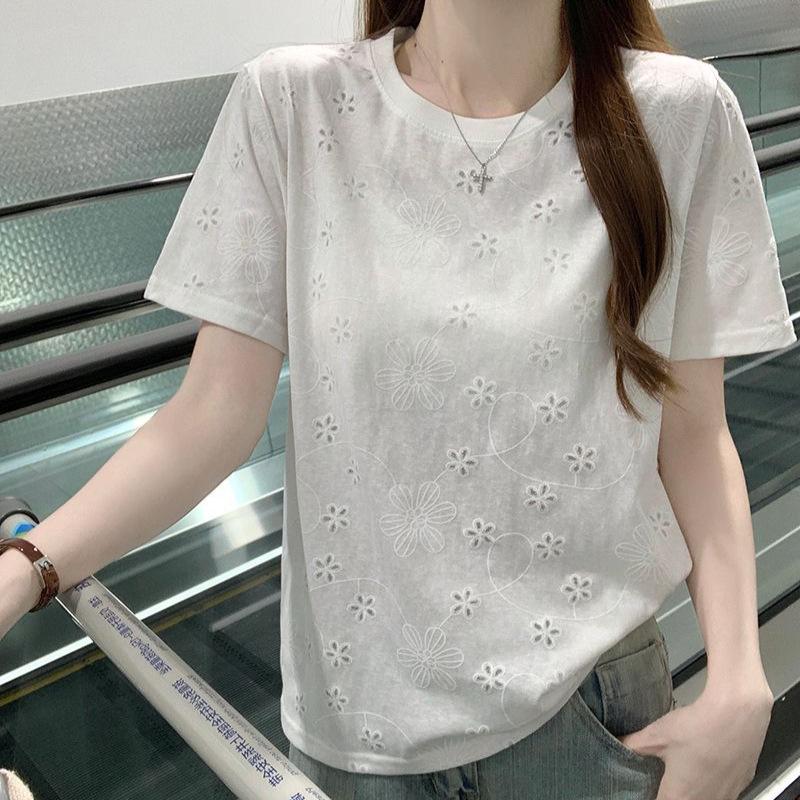 Summer Front Shoulder Short-sleeved T-shirt Women's Korean Design Sense White Embroidery Hollow Round Neck Women's New Top