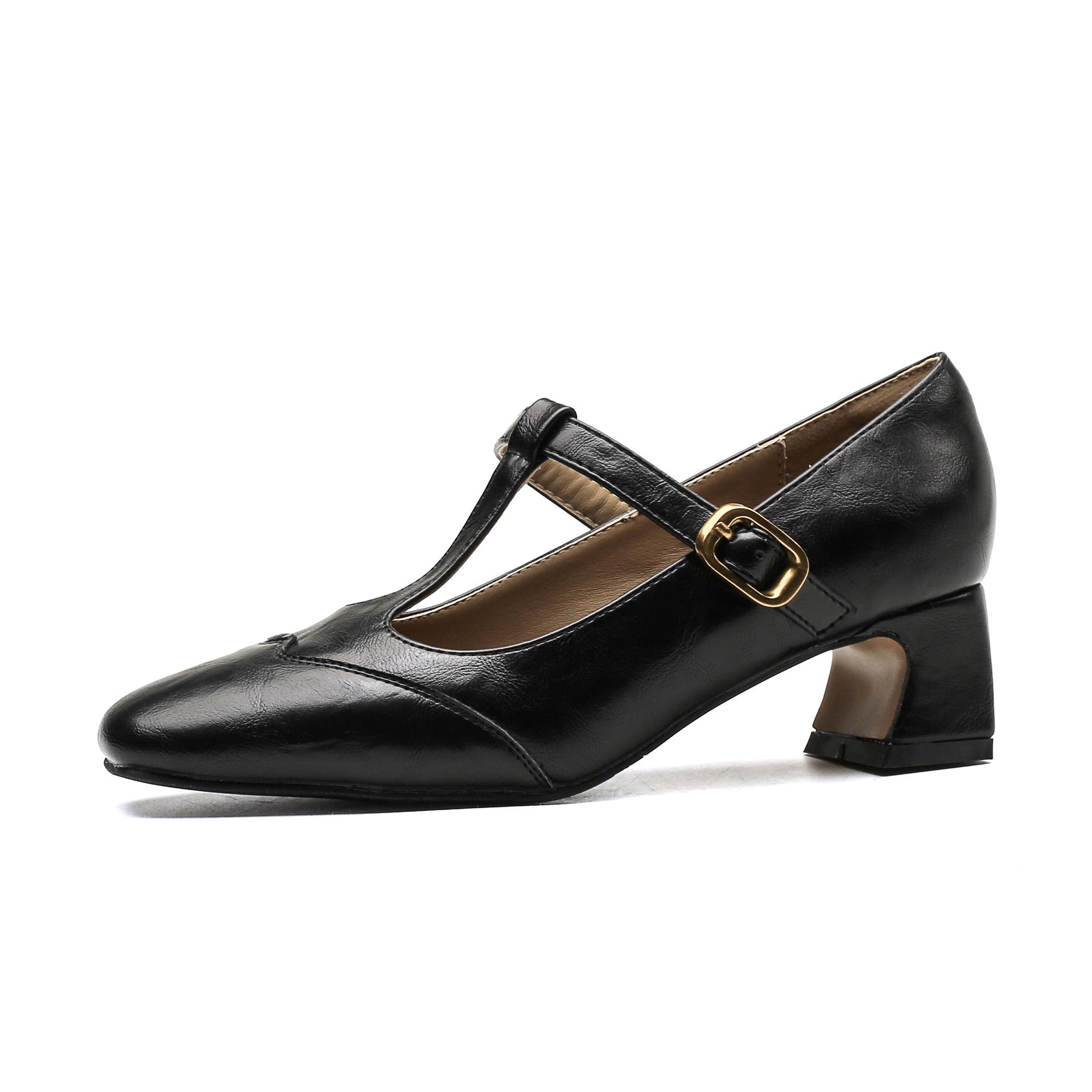 

Retro Mary Jane high heels square head thick heel spring new color matching light mouth T-button simple and gentle style single shoes 34 чёрный