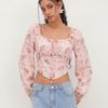 Women's Floral Print Square Neck Short Sleeve Blouse Puff Sleeve Tie Front Crop Top