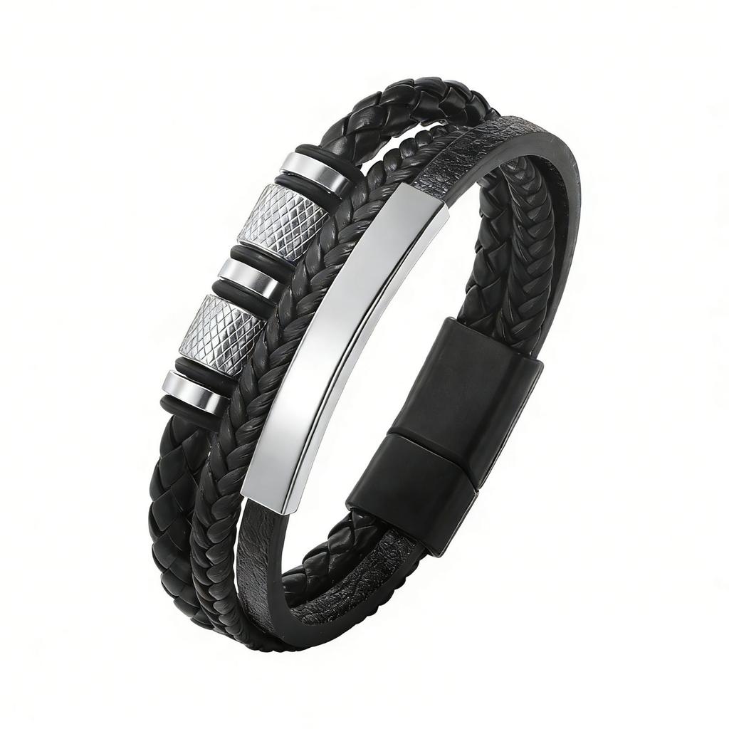 Black Multi Layers Leather Bracelet for Men,Metal Tube Charm Handmade Braided Rope Leather Bracelet,Gift for Husband Dad Son