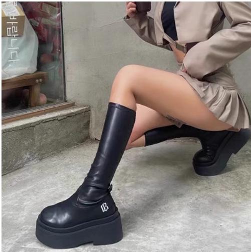 Boots Women's Spring and Summer New Round Head Thick Bottom Elastic Skinny Millennium Spice Girls High Boots
